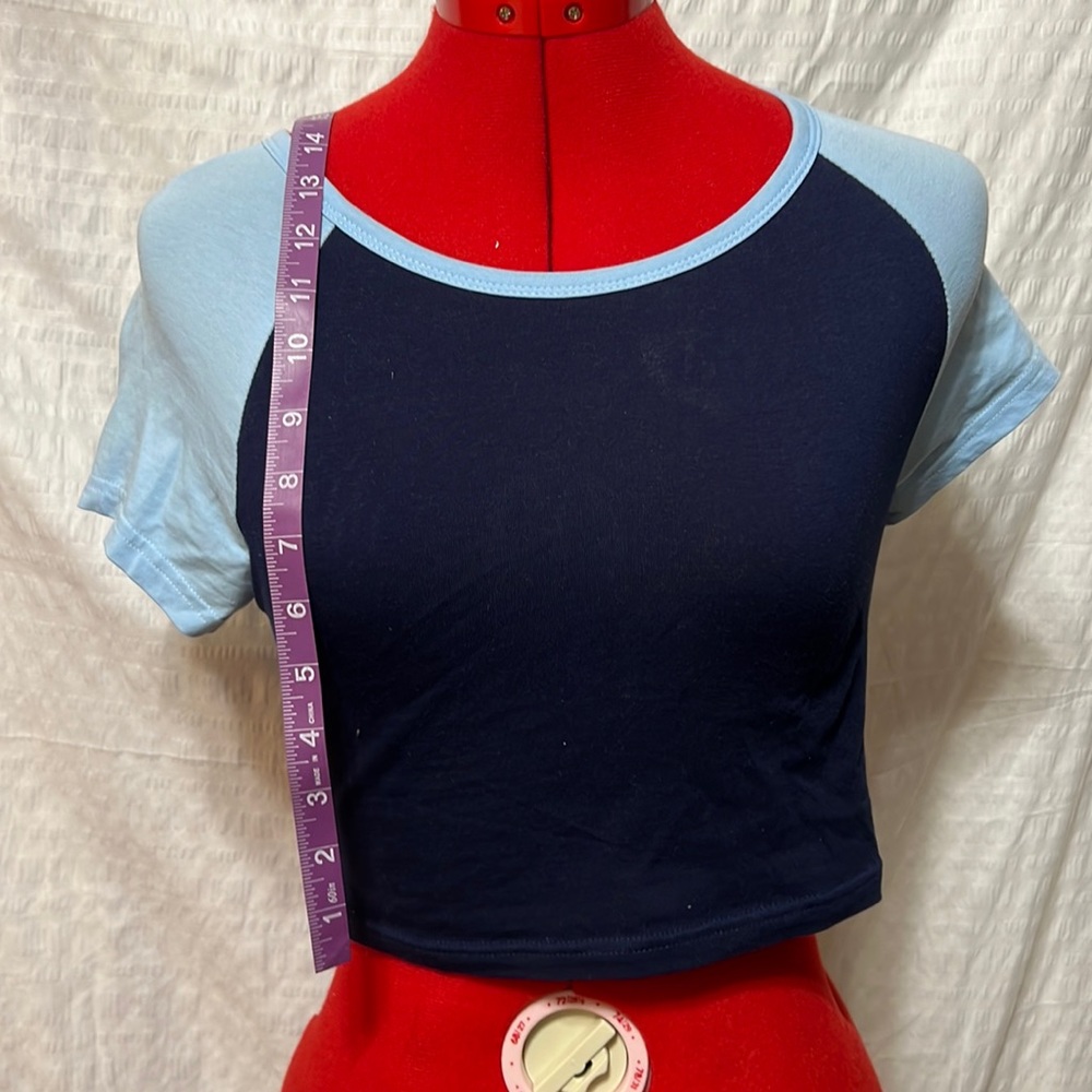 Shein   Shirt. Baby blue short sleeve. Navy blue. Small. US 4. EU 36